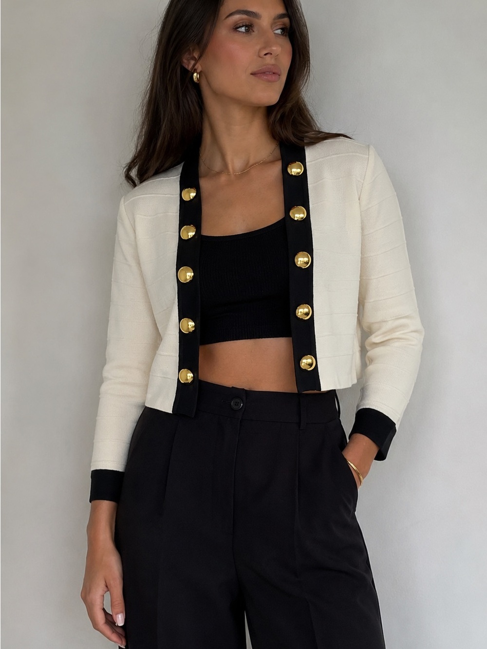Vintage Yves Saint Laurent YSL Cream Black Trim Gold Button Cropped Cardigan